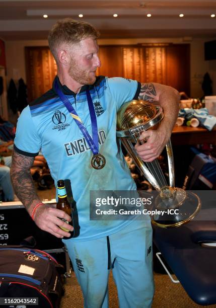 Ben Stokes of England celebrates in the dressing rooms after winning the Final of the ICC Cricket World Cup 2019 between England and New Zealand at...