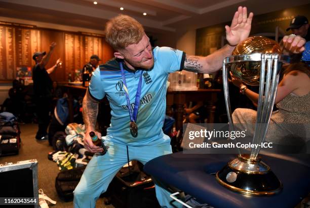 Ben Stokes of England celebrates in the dressing rooms after winning the Final of the ICC Cricket World Cup 2019 between England and New Zealand at...