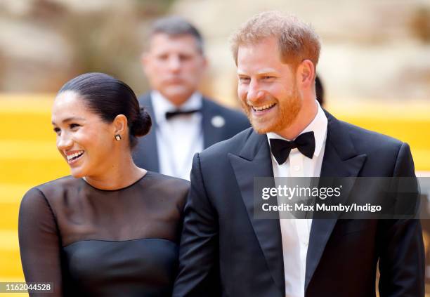 Meghan, Duchess of Sussex and Prince Harry, Duke of Sussex attend "The Lion King" European Premiere at Leicester Square on July 14, 2019 in London,...