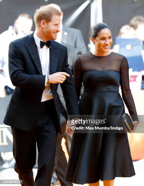 Prince Harry, Duke of Sussex and Meghan, Duchess of Sussex attend "The Lion King" European Premiere at Leicester Square on July 14, 2019 in London,...