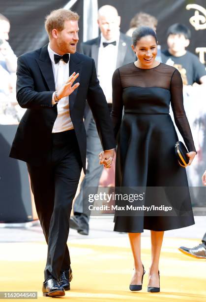 Prince Harry, Duke of Sussex and Meghan, Duchess of Sussex attend "The Lion King" European Premiere at Leicester Square on July 14, 2019 in London,...