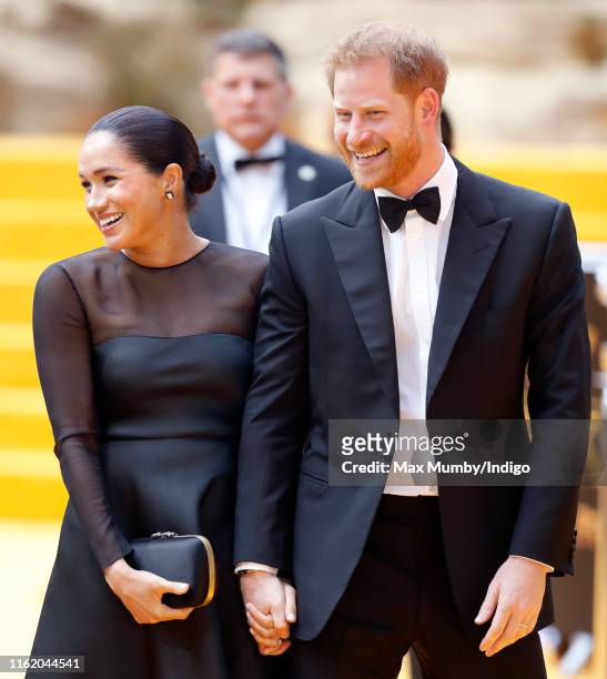 Meghan, Duchess of Sussex and Prince Harry, Duke of Sussex attend "The Lion King" European Premiere at Leicester Square on July 14, 2019 in London,...