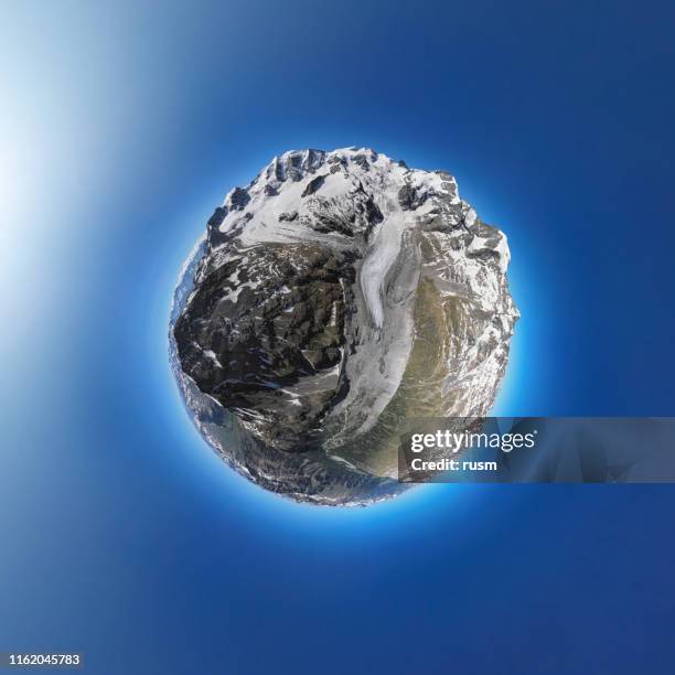 little planet aerial panorama of morteratsch glacier from diavolezza mountain viewpoint in bernina range of the bundner alps, in graubunden, switzerland. - 360 panoramic stock pictures, royalty-free photos & images