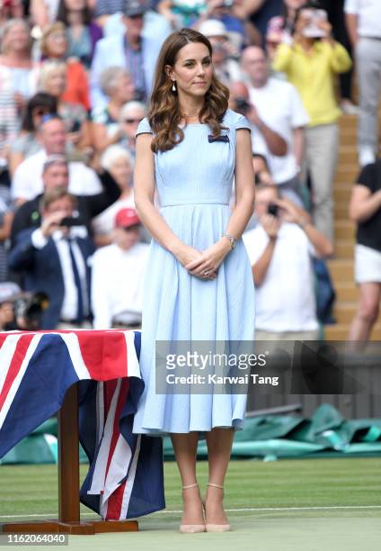 Catherine, Duchess of Cambridge on Centre court during Men's Finals Day of the Wimbledon Tennis Championships at All England Lawn Tennis and Croquet...