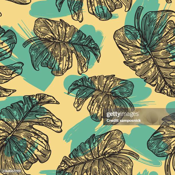 80s 90s tropical monstera plant pattern - monstera deliciosa stock illustrations