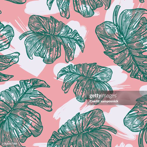 80s 90s tropical monstera plant pattern - millennial pink stock illustrations