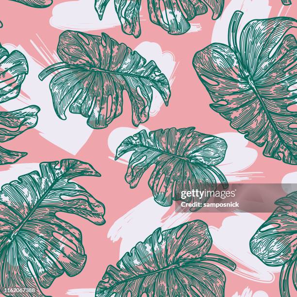 80s 90s tropical monstera plant pattern - tropical pattern stock illustrations
