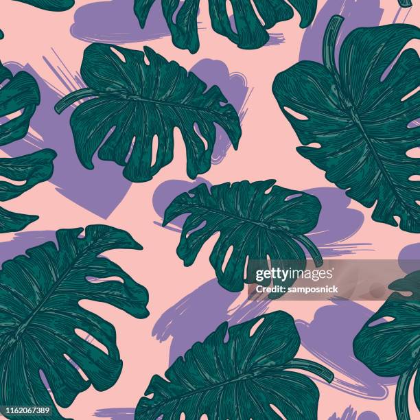 80s 90s tropical monstera plant pattern - breadfruit leaves stock illustrations