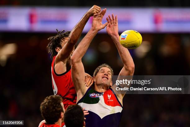 Aaron Sandilands of the Dockers competes for a mark during the 2019 AFL round 22 match between the Fremantle Dockers and the Essendon Bombers at...