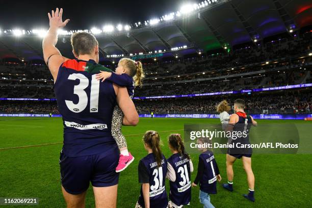 Aaron Sandilands and Hayden Ballantyne of the Dockers thanks the fans on a lap of honour during the 2019 AFL round 22 match between the Fremantle...