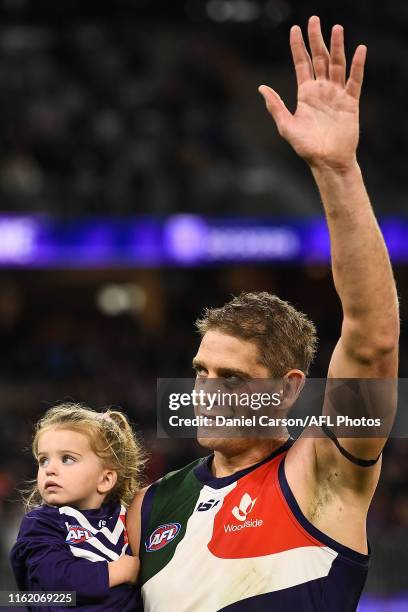 Aaron Sandilands of the Dockers thanks the fans on his lap of honour during the 2019 AFL round 22 match between the Fremantle Dockers and the...