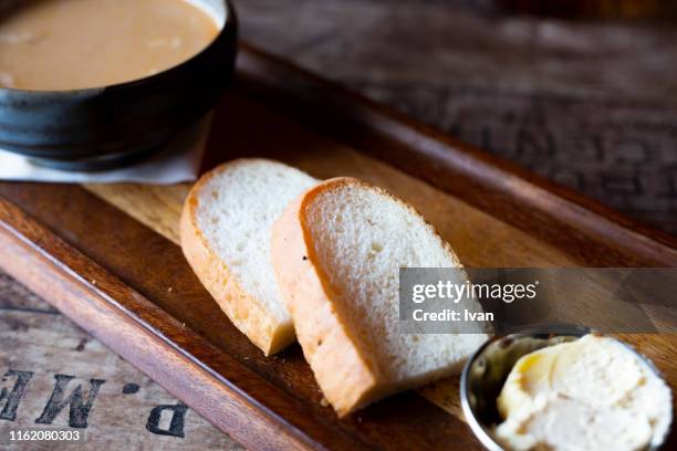 cream cheese and white bread with soup - white bread stockfoto's en -beelden