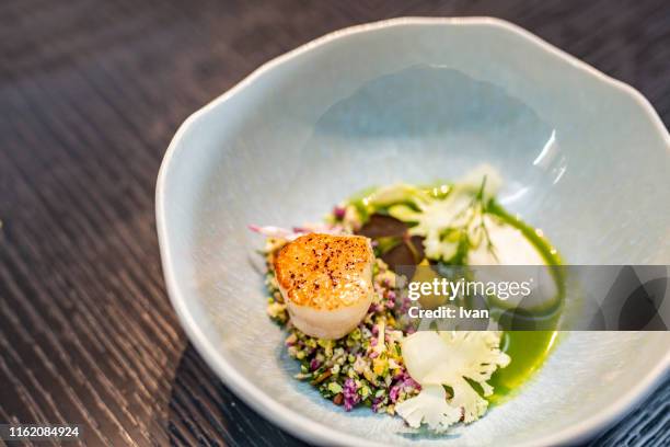 luxury fine dining, scallops on butter with broccoli and mint puree - seared stock pictures, royalty-free photos & images