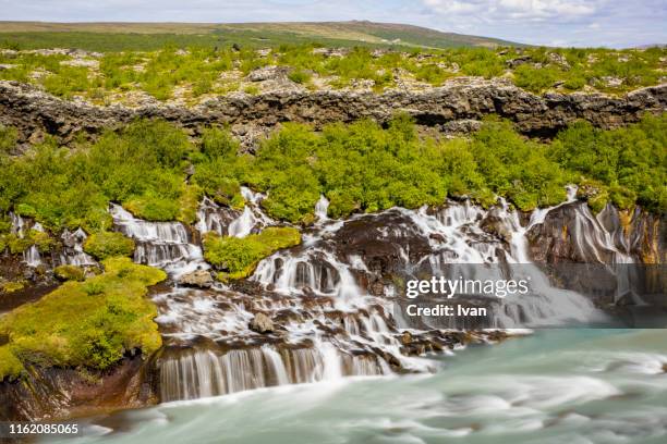 hraunfossar and barnafoss waterfall in summer, iceland - hraunfossar stock pictures, royalty-free photos & images
