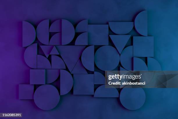 abstract 3d geometric shapes black background, neon lights - square imagens e fotografias de stock