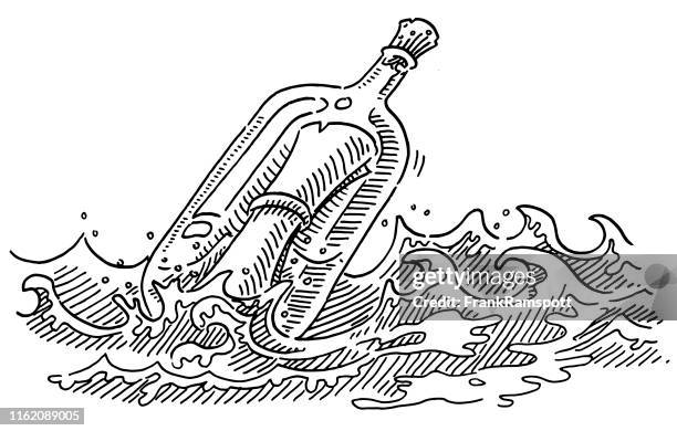 message in a bottle in the sea drawing - message in a bottle stock illustrations