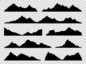 Black mountains silhouettes. Ranges skyline, high mountain hike landscape, alpine peaks. Extreme hiking vector nature border set