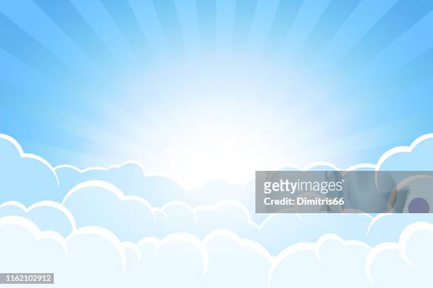 illustrazioni stock, clip art, cartoni animati e icone di tendenza di raggi di sole e cielo dietro le nuvole - nube