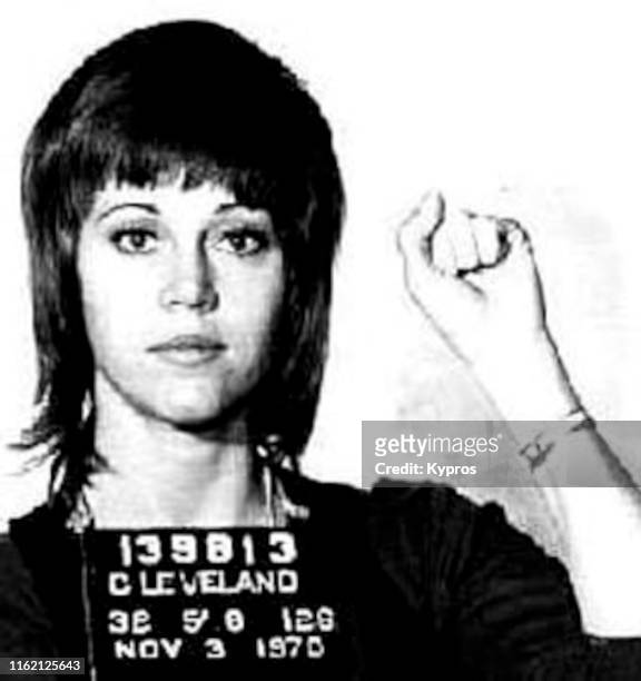 In this handout, American actress, writer, producer, political activist Jane Fonda in a mug shot following her arrest, Cleveland, Ohio, US, 3rd...