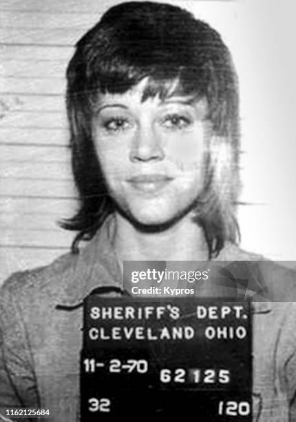 In this handout, American actress, writer, producer, political activist Jane Fonda in a mug shot following her arrest, Cleveland, Ohio, US, 2nd...