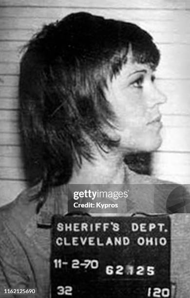 In this handout, American actress, writer, producer, political activist Jane Fonda in a mug shot following her arrest, Cleveland, Ohio, US, 2nd...