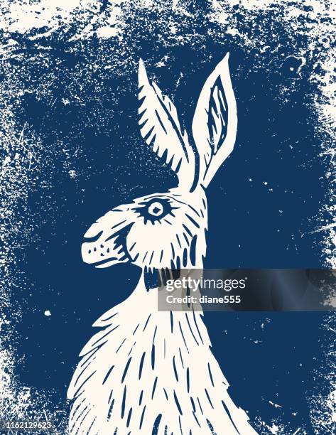 ilustraciones, imágenes clip art, dibujos animados e iconos de stock de wild hare linocut - linocut