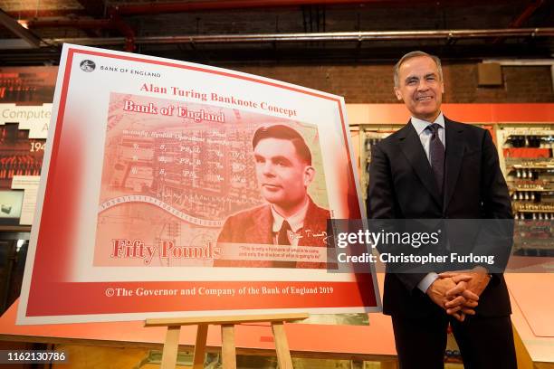 The Governor of the Bank of England, Mark Carney reveals Alan Turing as the new figure to be depicted on the 50 GBP note at the Manchester Science...