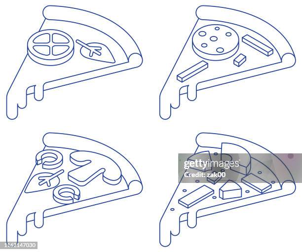 pizza vector black and white icon set - ham pizza stock illustrations
