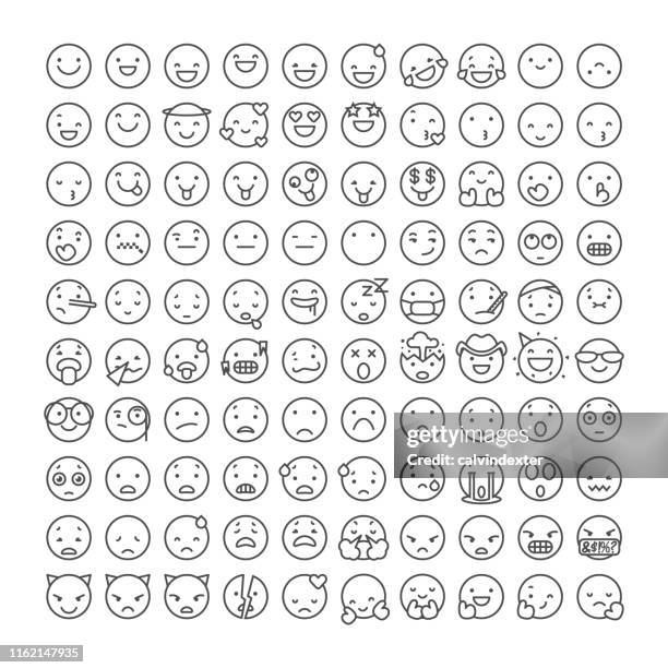 ilustrações, clipart, desenhos animados e ícones de coleção da arte da linha dos emoticons - rosto antropomórfico