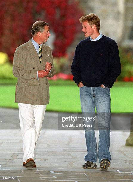 Prince William and his father Prince Charles arrive for William's first day of school at St. Andrews University September 23, 2001 in Scotland.