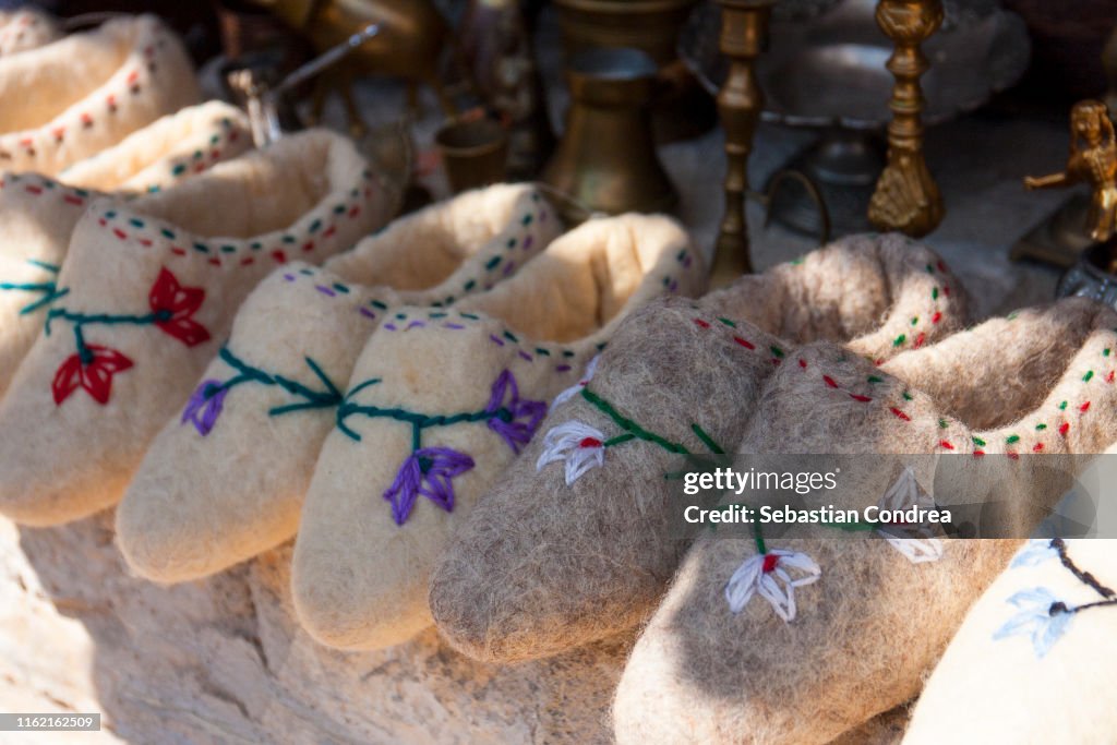 Beautifull slippers made of sheep wool,Handmade, Traditional bazaar in Kruja town. Kruje, Albania