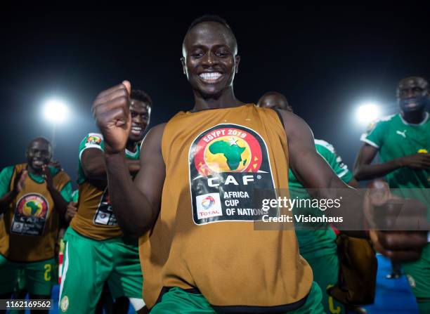 Sadio Mané of Senegal celebrates victory after winning the 2019 Africa Cup of Nations Semi Final match between Senegal and Tunisia at 30th June...