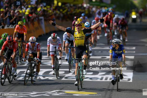 Arrival / Wout Van Aert of Belgium and Team Jumbo-Visma /Celebration / Elia Viviani of Italy and Team Deceuninck - Quick-Step / Caleb Ewan of...