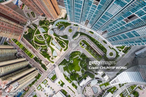 private housing of west kowloon, hong kong from drone - aerial public park stock pictures, royalty-free photos & images