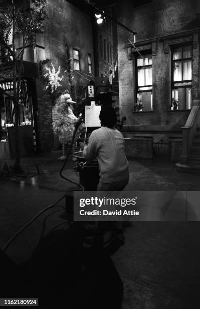 Muppet Big Bird, performed by puppeteer Carroll Spinney, during the filming of an episode of Sesame Street at Reeves TeleTape Studio in March, 1970...