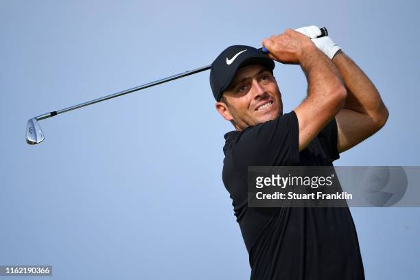 Francesco Molinari of Italy plays a shot during a practice round prior to the 148th Open Championship held on the Dunluce Links at Royal Portrush...
