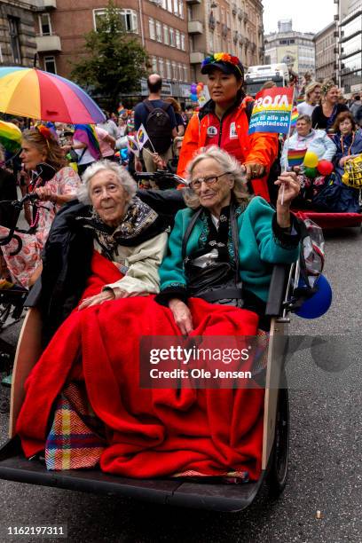 Elderly people participate in the Copenhagen Pride Parade on August 17, 2019 in Copenhagen, Denmark. This year the Danish Pride Parade consisted of...