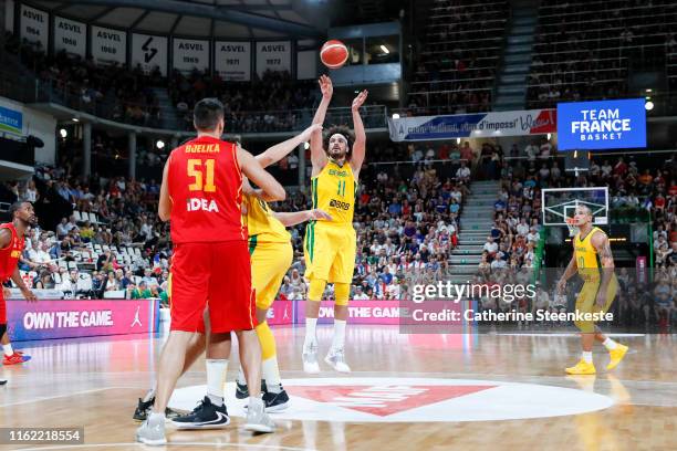 Anderson Varejao of Brazil shoots the ball during the International Friendly match between Brazil and Montenegro at The Astroballe on August 17, 2019...