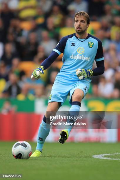 Tim Krul of Norwich City during the Premier League match between Norwich City and Newcastle United at Carrow Road on August 17, 2019 in Norwich,...