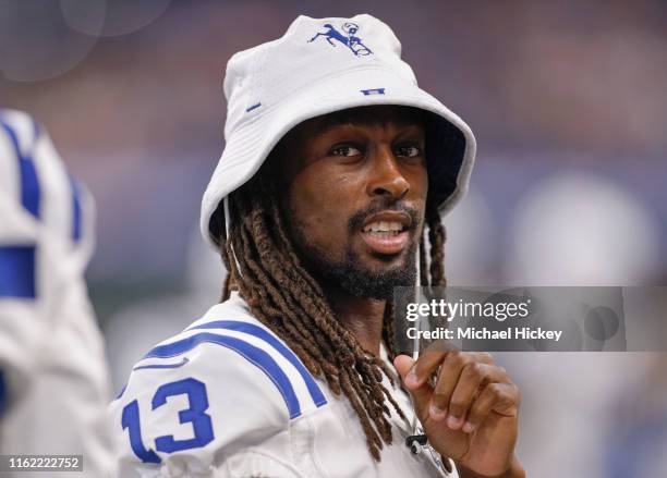 Wide receiver T.Y. Hilton of the Indianapolis Colts is seen during the preseason game against the Cleveland Browns at Lucas Oil Stadium on August 17,...