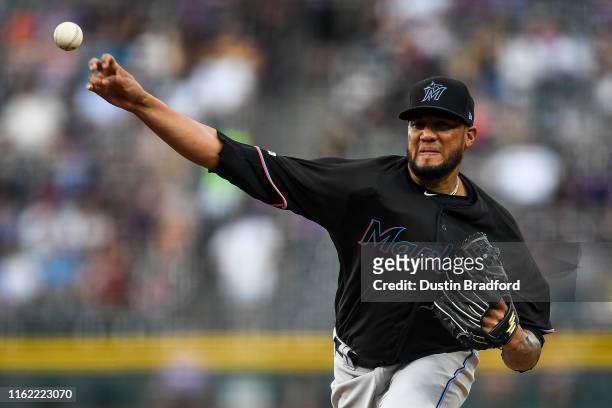 Hector Noesi of the Miami Marlins pitches against the Colorado Rockies in the first inning of a game at Coors Field on August 17, 2019 in Denver,...