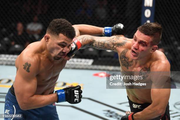 Christos Giagos punches Drakkar Klose in their lightweight bout during the UFC 241 event at the Honda Center on August 17, 2019 in Anaheim,...