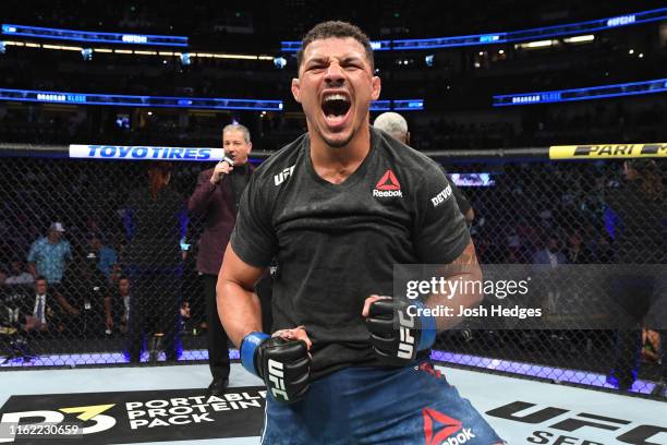 Drakkar Klose celebrates his victory over Christos Giagos in their lightweight bout during the UFC 241 event at the Honda Center on August 17, 2019...