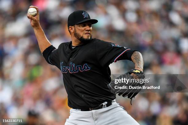 Hector Noesi of the Miami Marlins pitches against the Colorado Rockies at Coors Field on August 17, 2019 in Denver, Colorado.