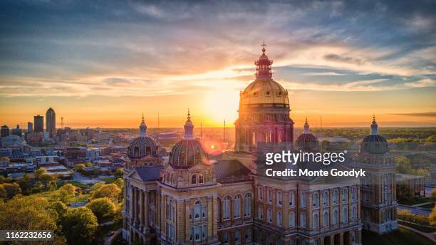 aerial photo of downtown des moines from state capitol building - iowa stock pictures, royalty-free photos & images