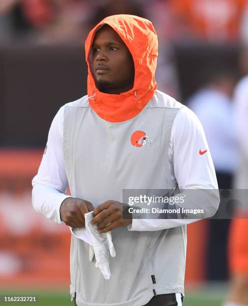 Wide receiver Antonio Callaway of the Cleveland Browns on the field prior to a preseason game against the Washington Redskins on August 8, 2019 at...
