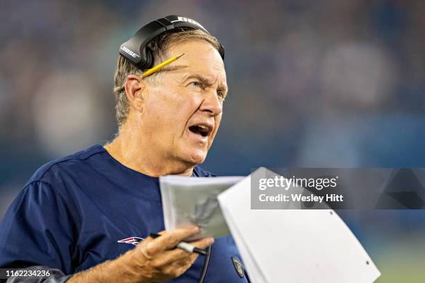 Head Coach Bill Belichick of the New England Patriots on the sidelines during a week two preseason game against the Tennessee Titans at Nissan...