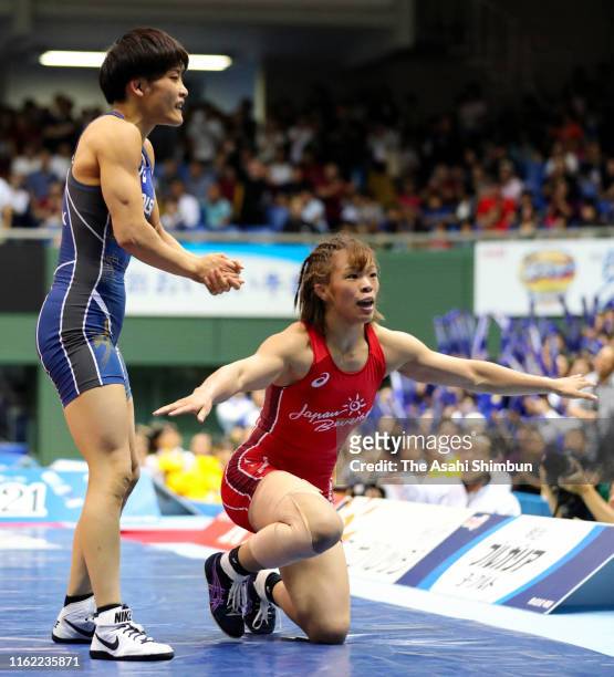 Risako Kawai and Kaori Icho compete in the Women's 57kg final on day four of the All Japan Wrestling Invitational Championships at Komazawa Gymnasium...