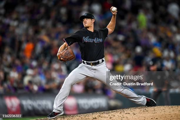 Wei-Yin Chen of the Miami Marlins pitches against the Colorado Rockies at Coors Field on August 17, 2019 in Denver, Colorado.