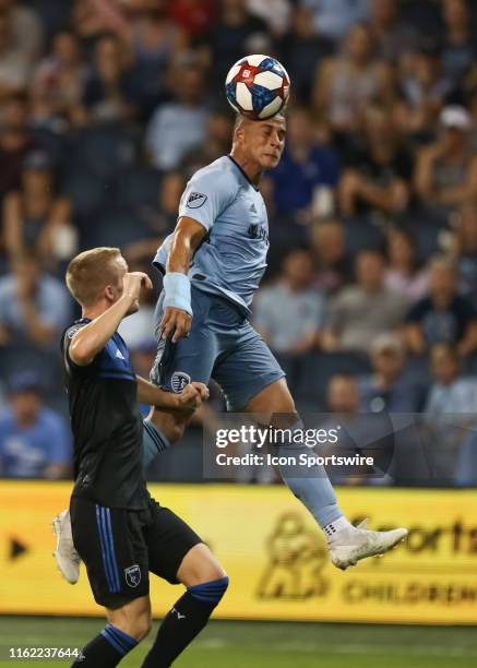 Sporting Kansas City forward Erik Hurtado heads a shot in the second half of an MLS match between the San Jose Earthquakes and Sporting Kansas City...